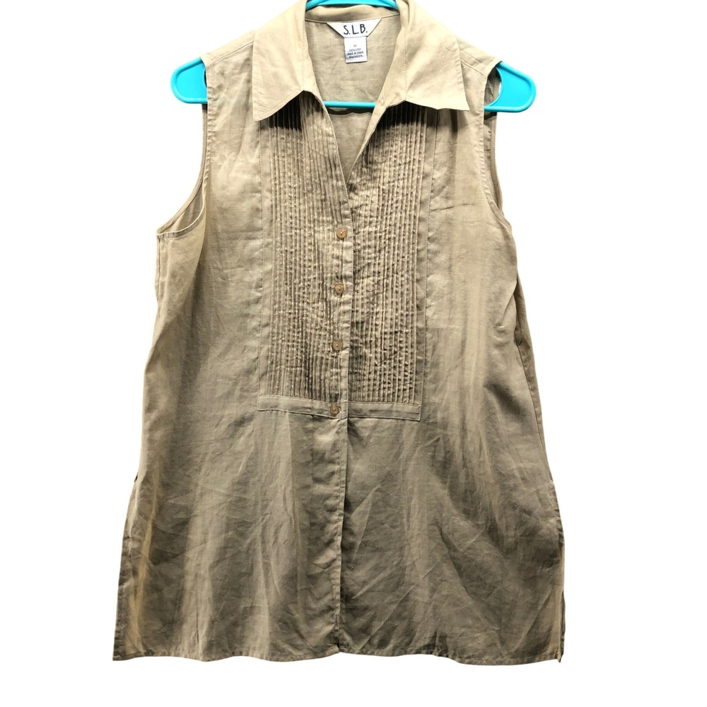 VTG S.L.B. 100% Linen Sleeveless Blouse Womens M Beige Pintuck Collared Button